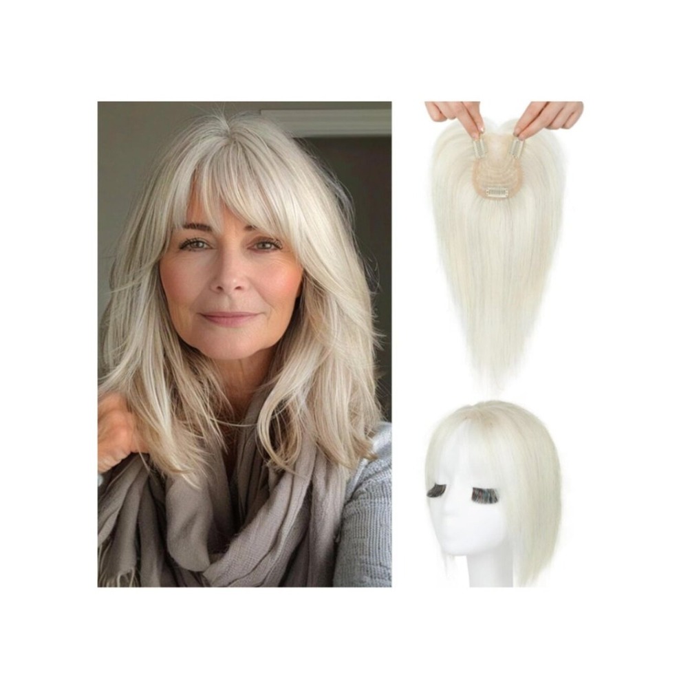 10" Silver White Real Human Hair Topper with Bangs 360°3D Clip in Hairpiece